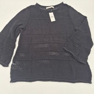 Ann Taylor LOFT Black Pointelle Open Knit Bell Sleeve Sweater XS 21159145